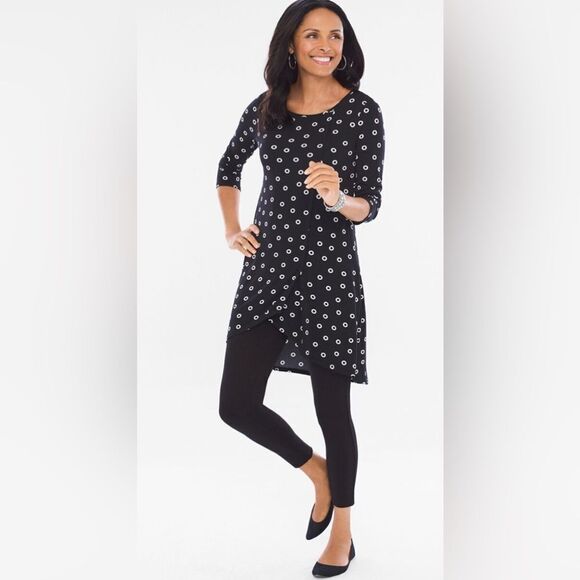 Chico’s black/white grommet dot stretch tunic. High-low hem. Size 0 (small/4). - Picture 3 of 8